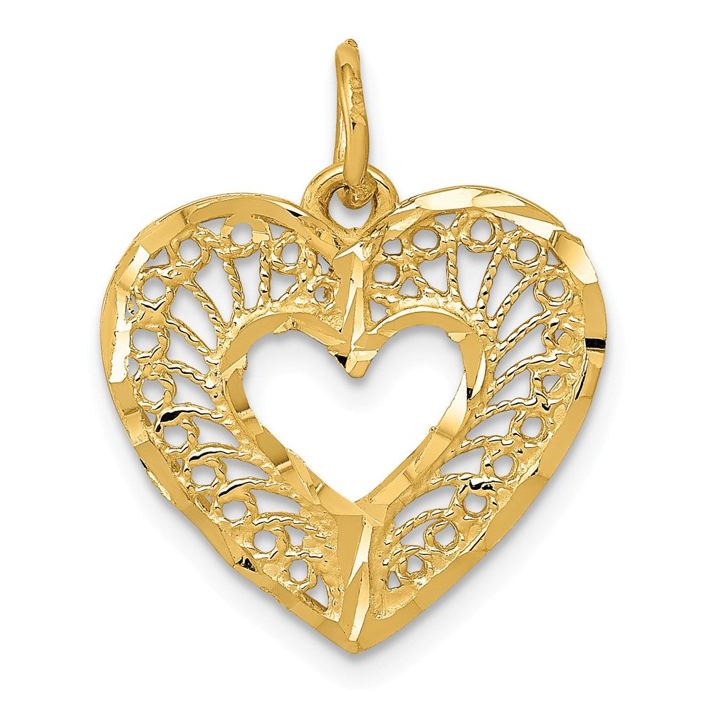 14k Yellow Gold Diamond Cut Filigree Heart Charm or Pendant, 17mm, Item P25796 by The Black Bow Jewelry Co.