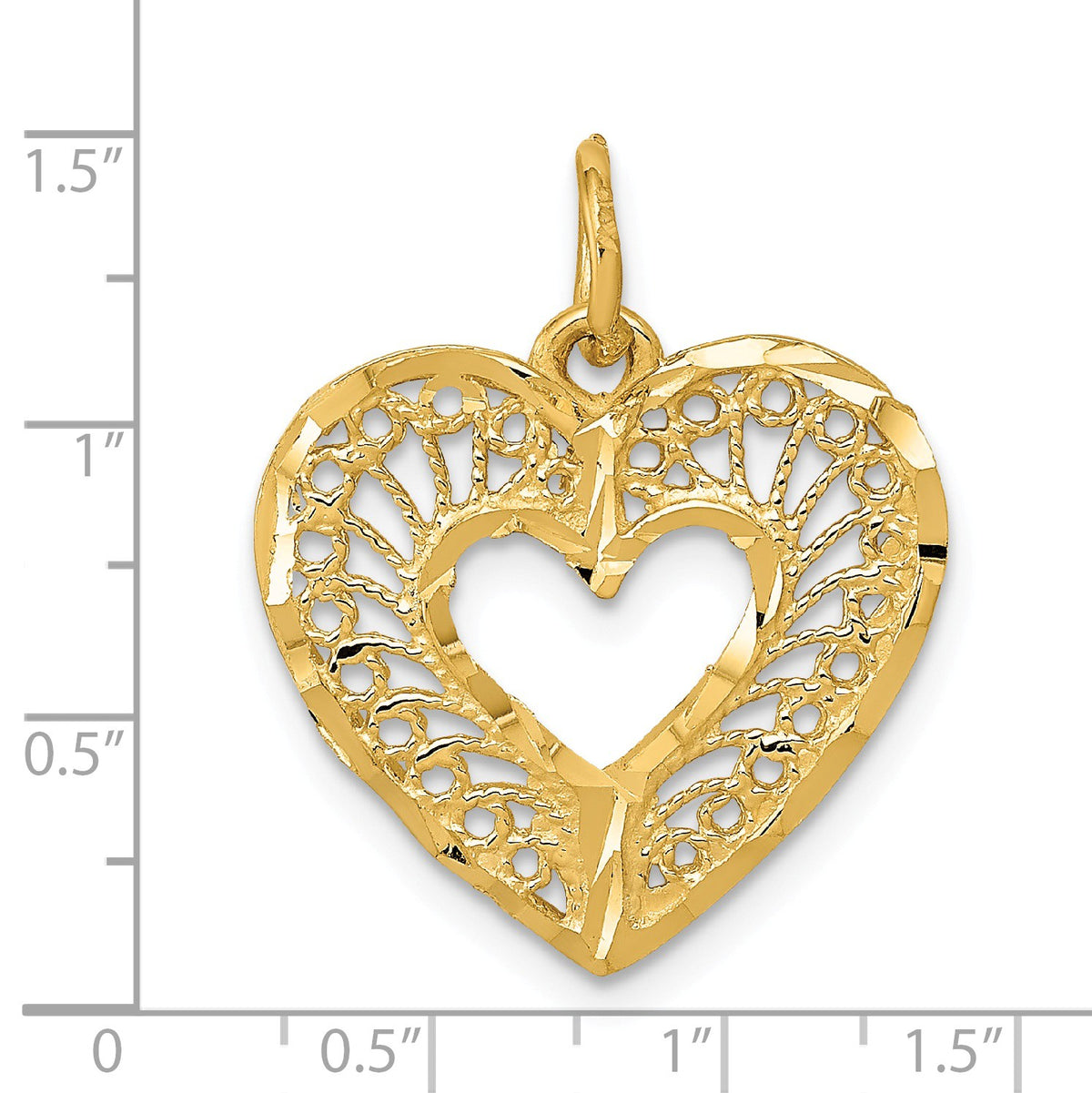 Alternate view of the 14k Yellow Gold Diamond Cut Filigree Heart Charm or Pendant, 17mm by The Black Bow Jewelry Co.
