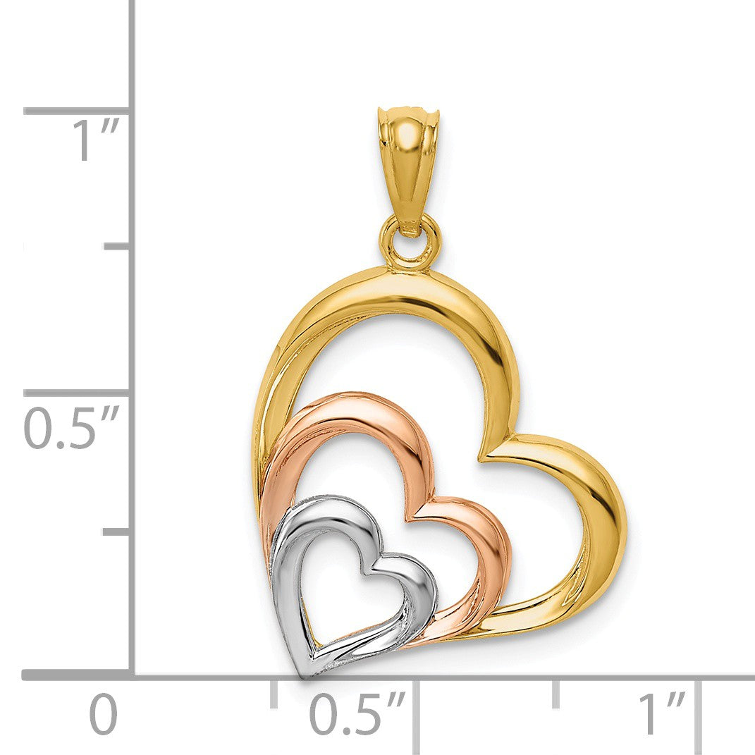 Alternate view of the 14k Two Tone Gold &amp; White Rhodium Plated Layered Hearts Pendant, 17mm by The Black Bow Jewelry Co.