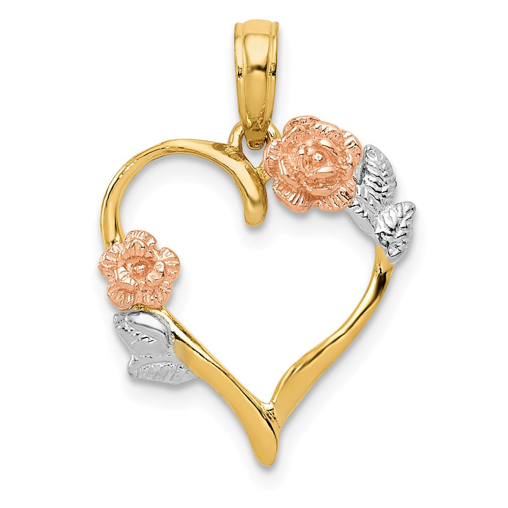 14k Yellow &amp; Rose Gold with White Rhodium Flower Heart Pendant, 16mm, Item P25807 by The Black Bow Jewelry Co.