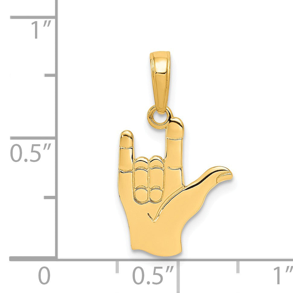 Alternate view of the 14k Yellow Gold I Love You Hand/Sign Language Pendant, 12mm by The Black Bow Jewelry Co.