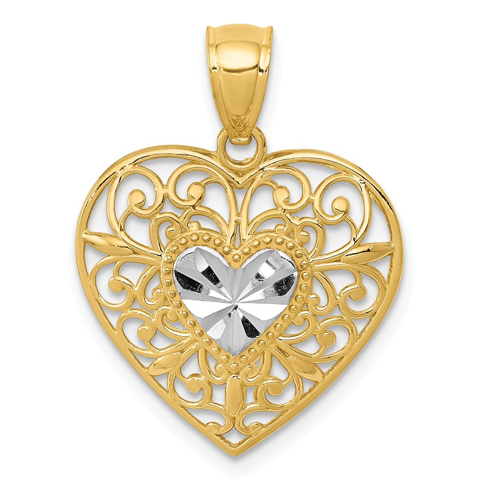 14k Yellow Gold and White Rhodium Filigree Heart Pendant, 17mm, Item P25823 by The Black Bow Jewelry Co.