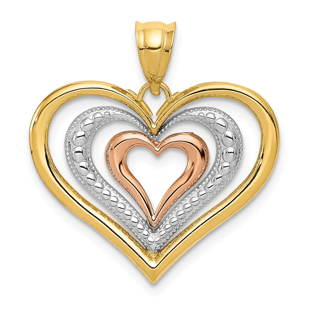 14k Yellow Gold and Rose Gold with Rhodium Triple Heart Pendant, 21mm, Item P25824 by The Black Bow Jewelry Co.