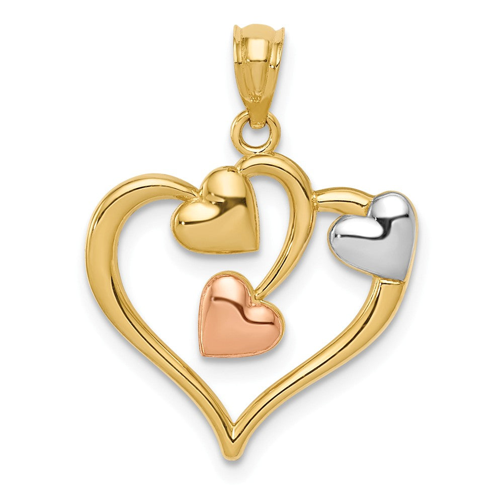 14k Yellow &amp; Rose Gold with White Rhodium Three Hearts Pendant, 19mm, Item P25854 by The Black Bow Jewelry Co.