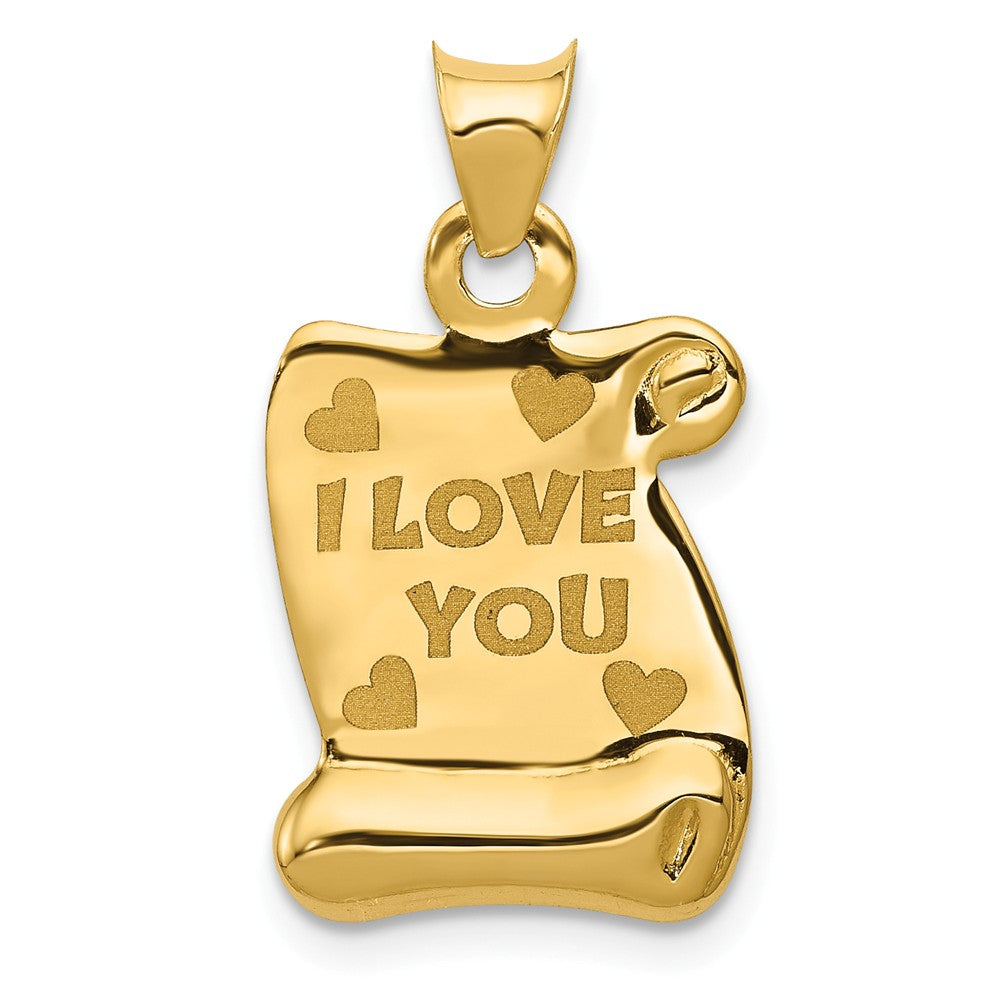 14k Yellow Gold I LOVE YOU Scroll Page Pendant, 13mm, Item P25914 by The Black Bow Jewelry Co.