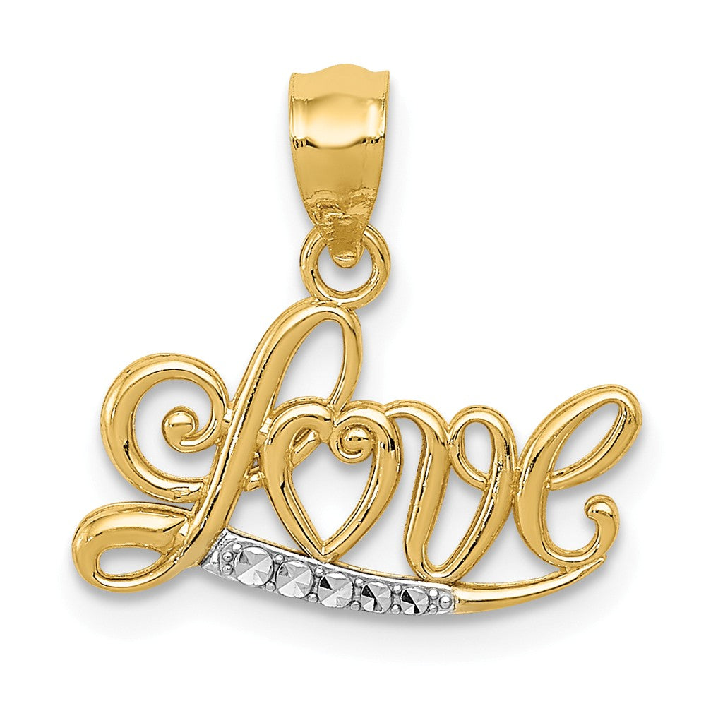 14k Yellow Gold and White Rhodium Love Script Pendant, 16mm, Item P25929 by The Black Bow Jewelry Co.