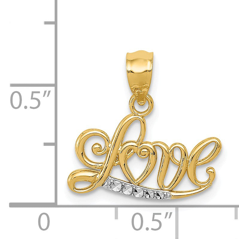 Alternate view of the 14k Yellow Gold and White Rhodium Love Script Pendant, 16mm by The Black Bow Jewelry Co.