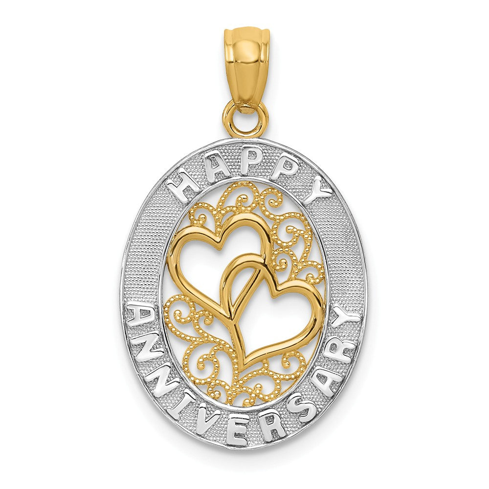 14k Yellow Gold and White Rhodium Oval Happy Anniversary Pendant, 15mm, Item P25948 by The Black Bow Jewelry Co.