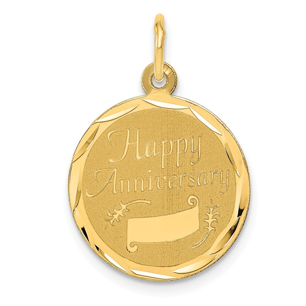 14k Yellow Gold Happy Anniversary Circle Banner Charm or Pendant, 16mm, Item P25952 by The Black Bow Jewelry Co.