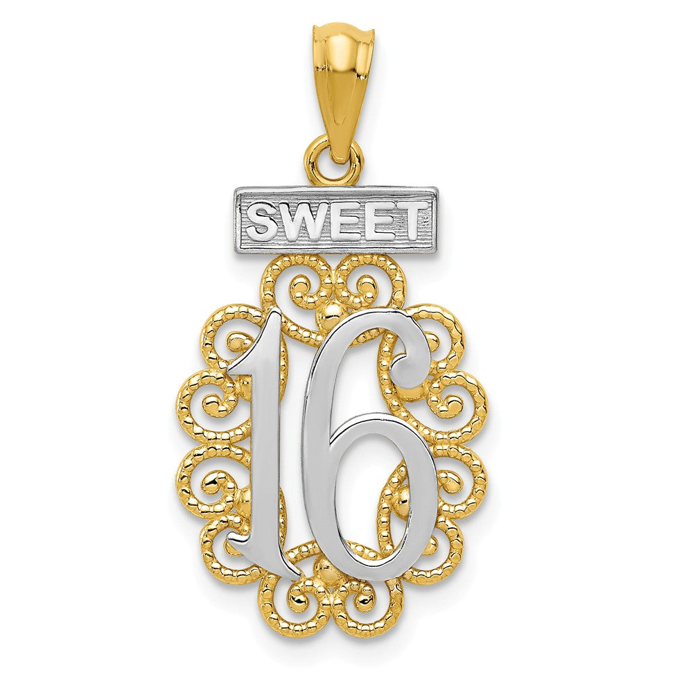 14k Yellow Gold and White Rhodium Filigree Sweet 16 Pendant, 13 x 27mm, Item P26000 by The Black Bow Jewelry Co.