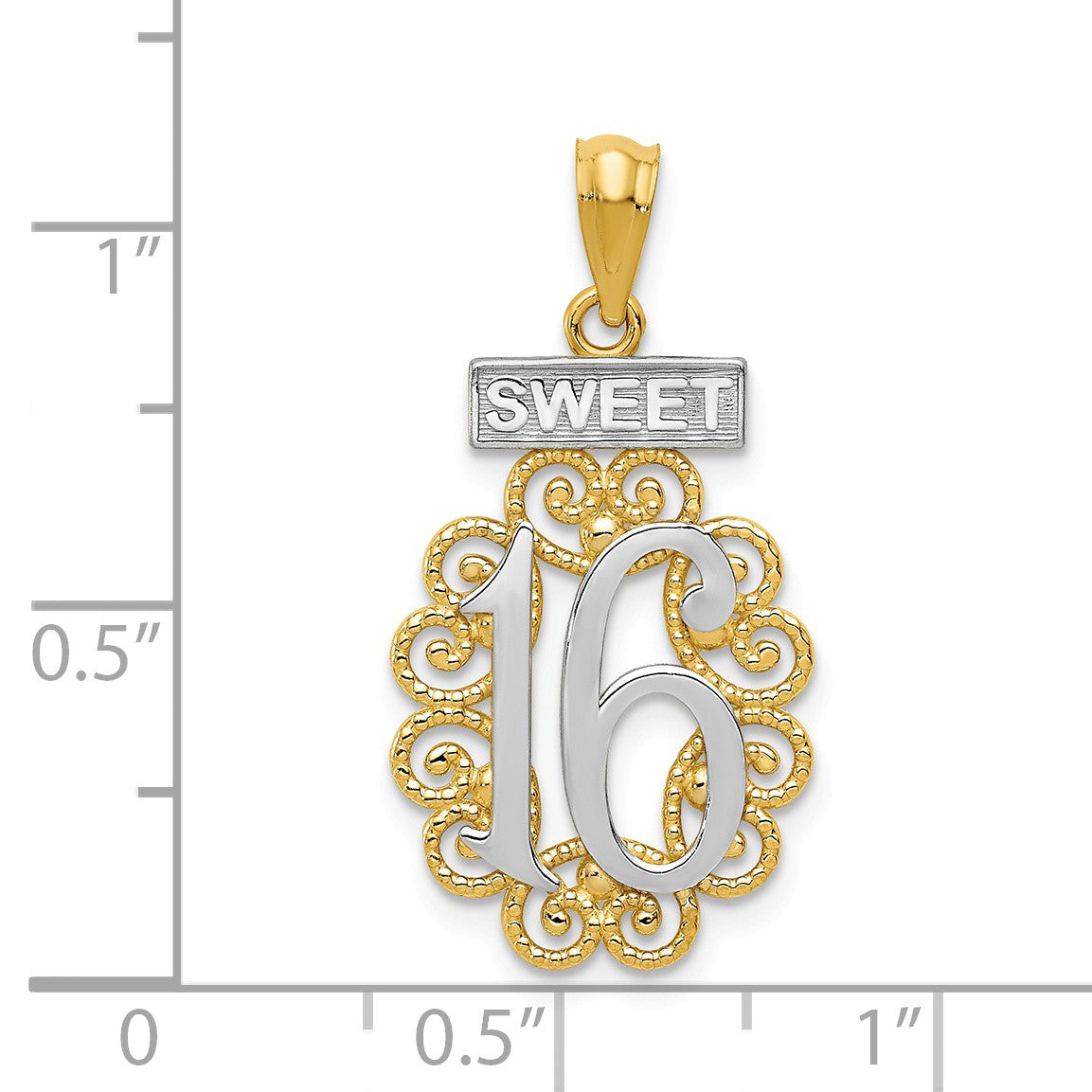 Alternate view of the 14k Yellow Gold and White Rhodium Filigree Sweet 16 Pendant, 13 x 27mm by The Black Bow Jewelry Co.