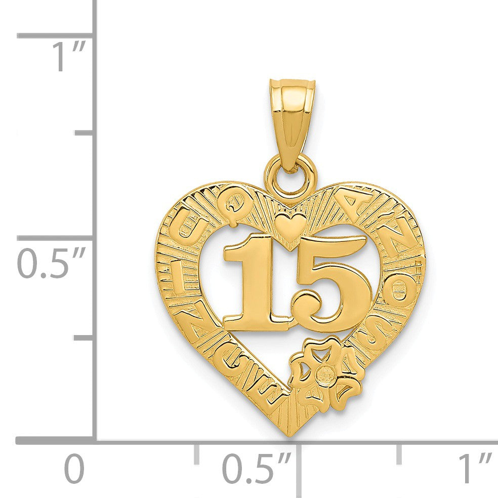 Alternate view of the 14k Yellow Gold 15 Inside Quince Anos Heart Frame Pendant, 16mm by The Black Bow Jewelry Co.