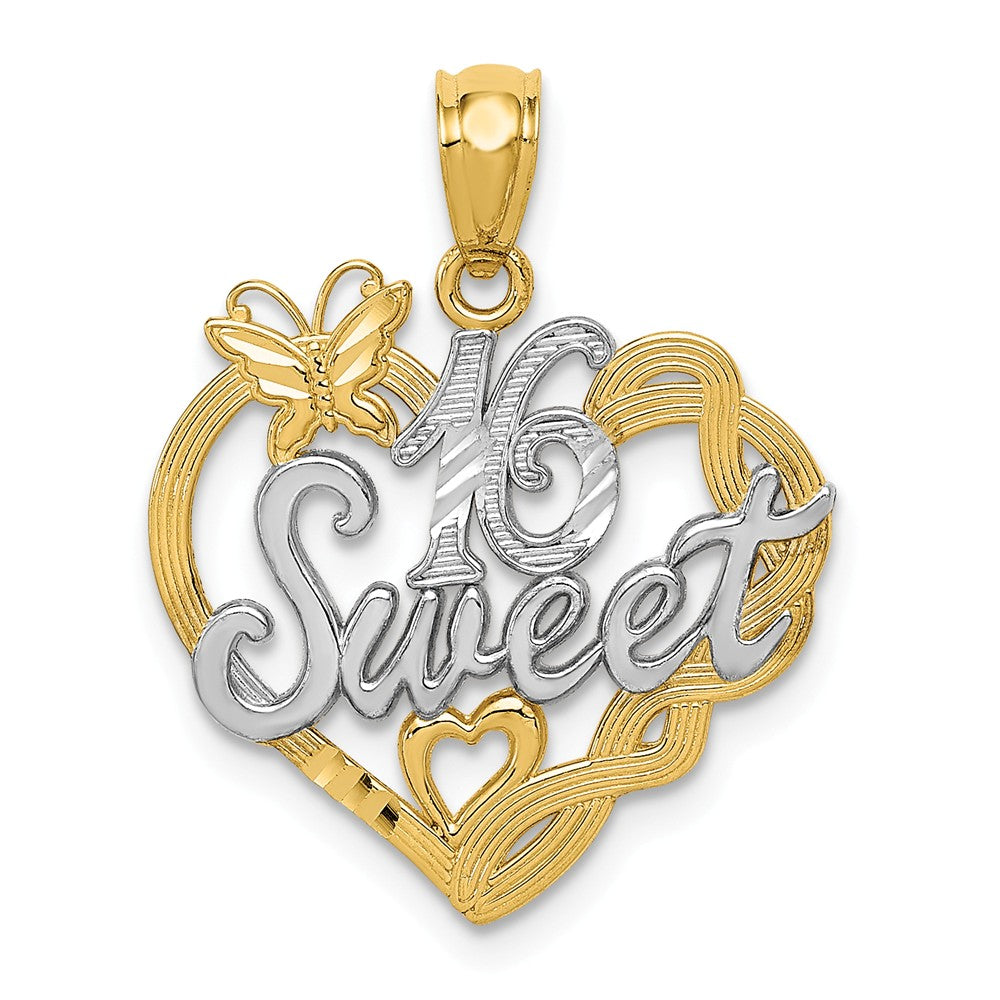 14k Yellow Gold and Rhodium Sweet 16 Butterfly Heart Pendant, 18mm, Item P26011 by The Black Bow Jewelry Co.