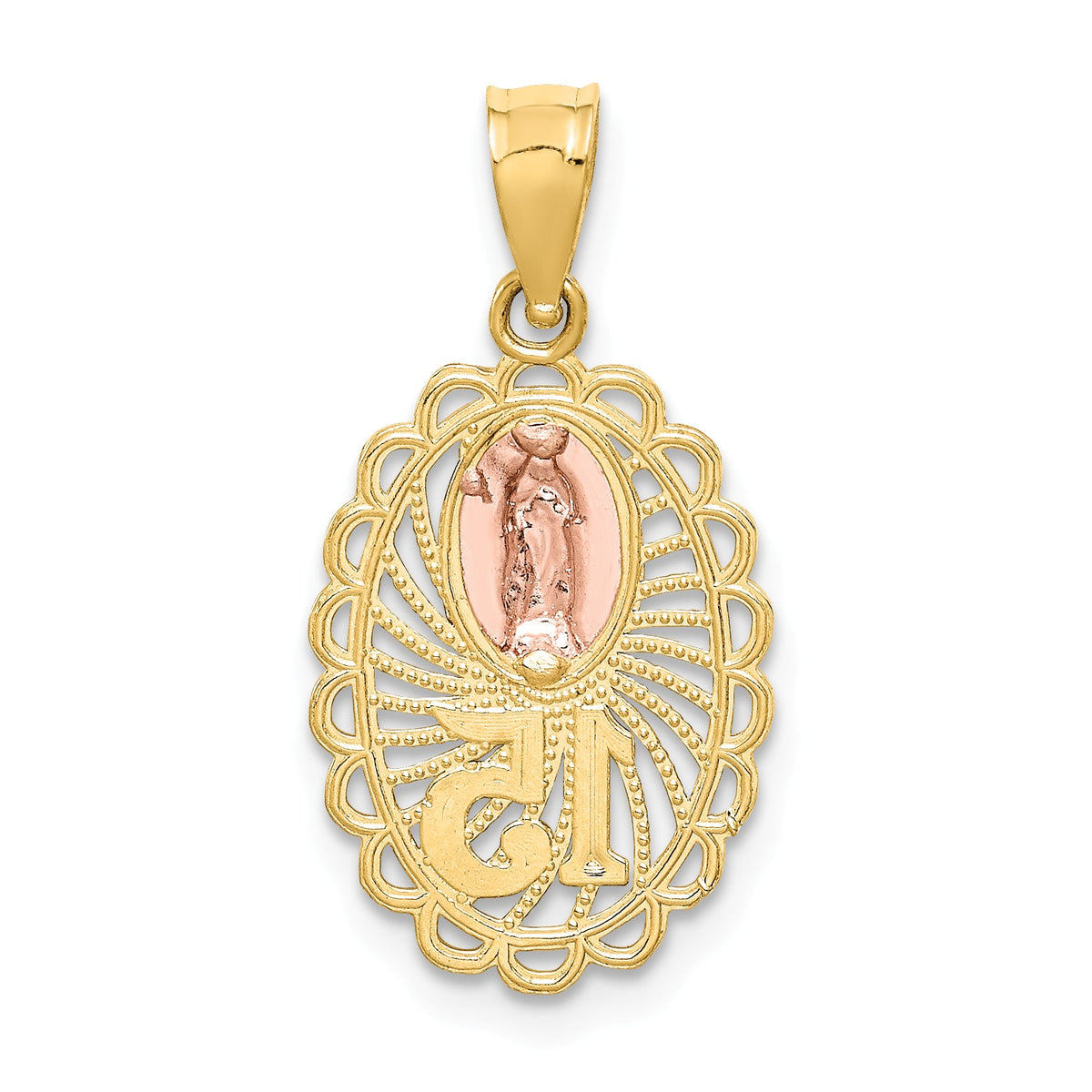 Alternate view of the 14k Two Tone Gold Sweet 15 Our Lady of Guadalupe Pendant, 10 x 23mm by The Black Bow Jewelry Co.