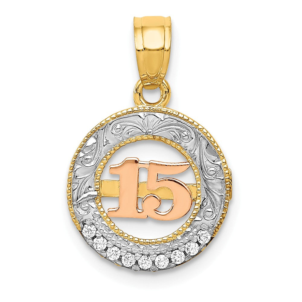 14k Two Tone Gold, White Rhodium &amp; CZ Number 15 Circle Pendant, 12mm, Item P26014 by The Black Bow Jewelry Co.