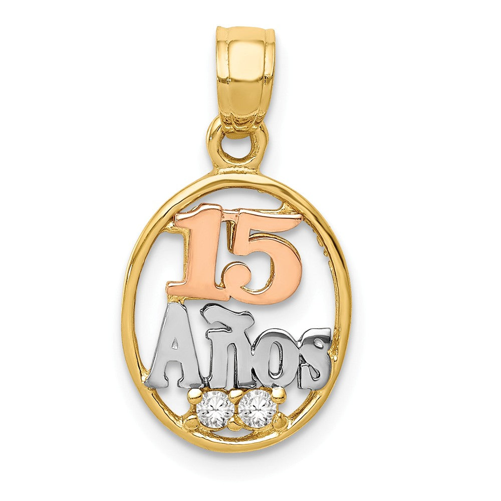 14k Two Tone Gold, White Rhodium &amp; CZ Number 15 Anos Pendant, 11mm, Item P26015 by The Black Bow Jewelry Co.
