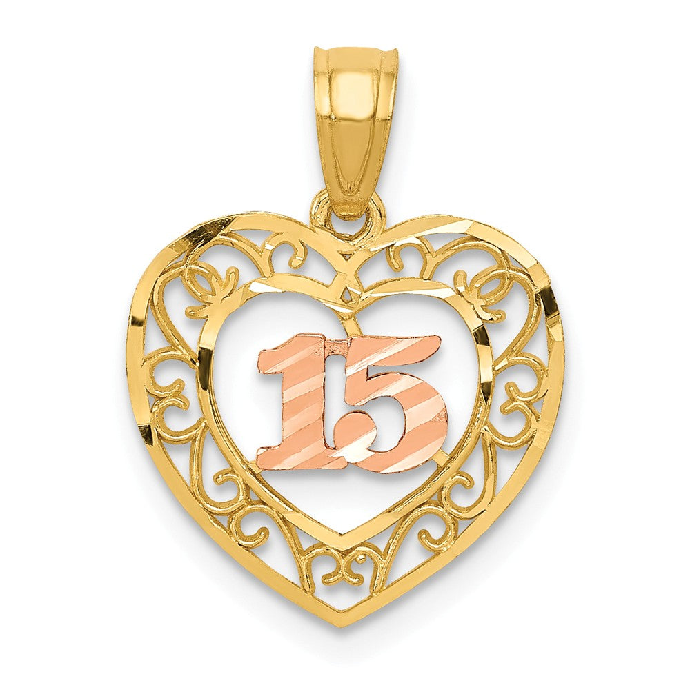 14k Two Tone Gold Diamond Cut 15 Heart Pendant, 14mm, Item P26016 by The Black Bow Jewelry Co.