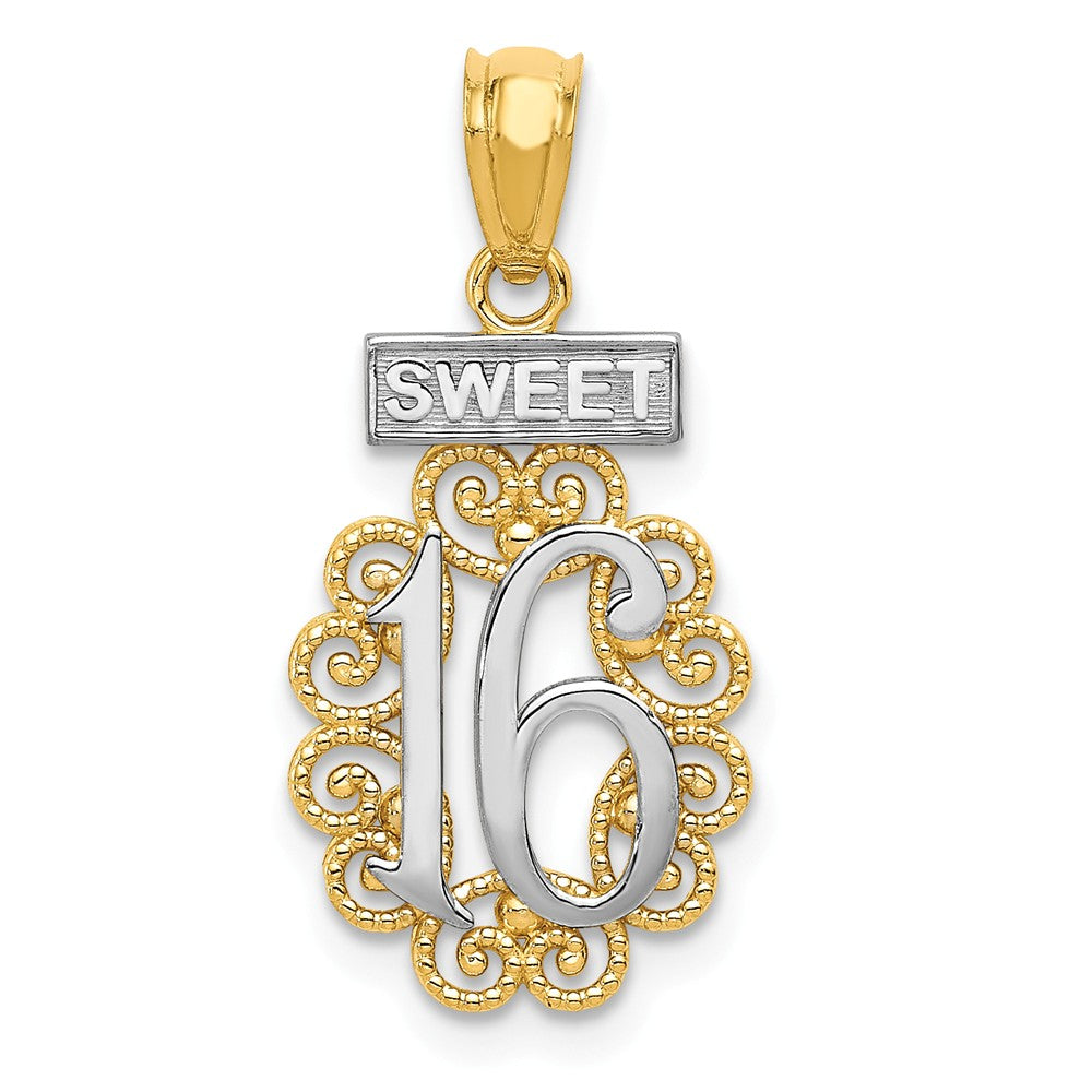 14k Yellow Gold and White Rhodium Filigree Sweet 16 Pendant, 11 x 23mm, Item P26018 by The Black Bow Jewelry Co.