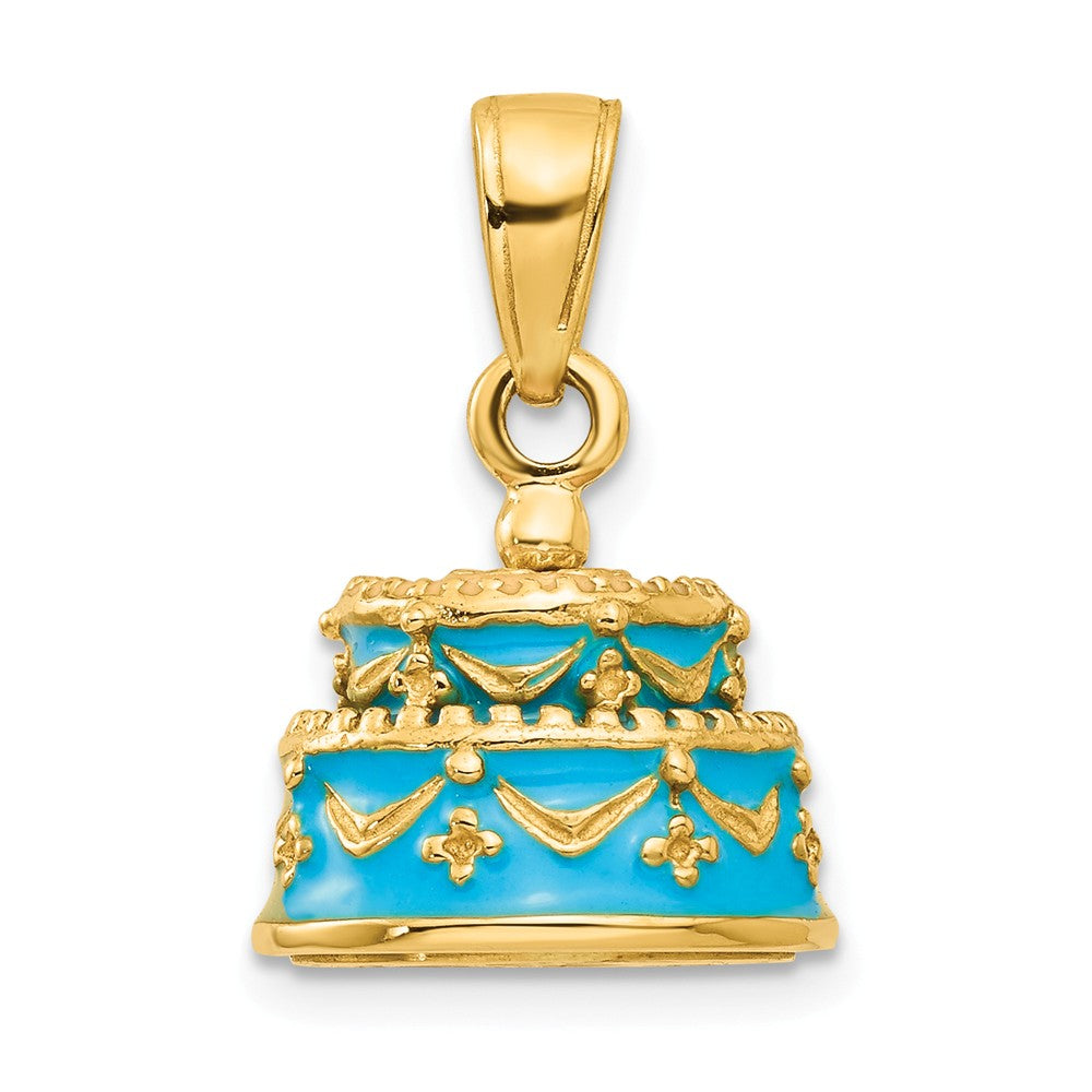 14k Yellow Gold Light Blue Enameled Happy Birthday Cake Pendant, 12mm, Item P26040 by The Black Bow Jewelry Co.