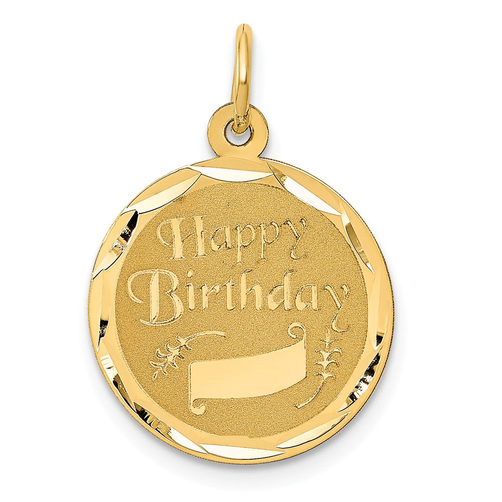 14k Yellow Gold Happy Birthday w Banner Circle Charm or Pendant, 16mm, Item P26044 by The Black Bow Jewelry Co.