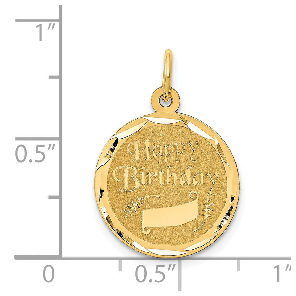Alternate view of the 14k Yellow Gold Happy Birthday w Banner Circle Charm or Pendant, 16mm by The Black Bow Jewelry Co.