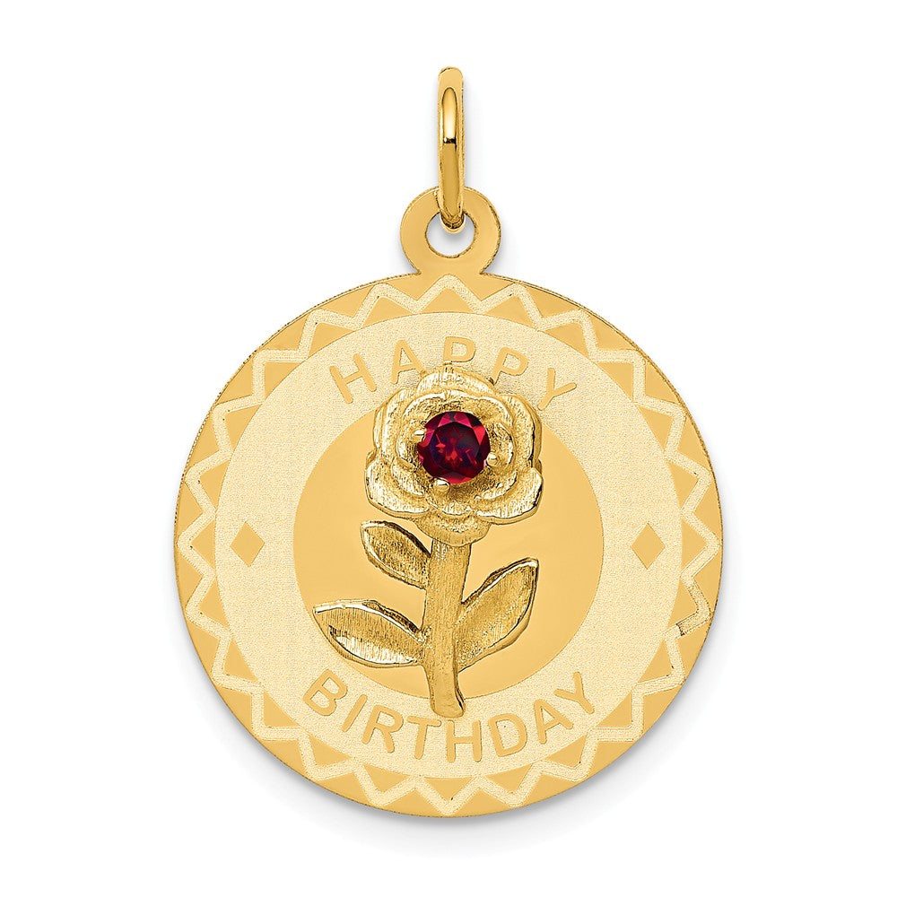 14k Yellow Gold Happy Birthday Disc Charm or Pendant w CZ Flower, 19mm, Item P26045 by The Black Bow Jewelry Co.