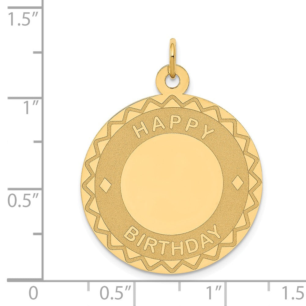 Alternate view of the 14k Yellow Gold Happy Birthday Pendant, 26mm by The Black Bow Jewelry Co.
