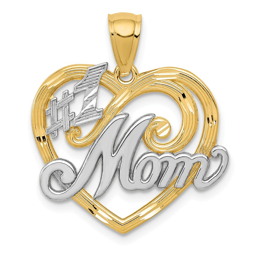 14k Yellow Gold and White Rhodium #1 Mom Heart Pendant, 21mm, Item P26068 by The Black Bow Jewelry Co.