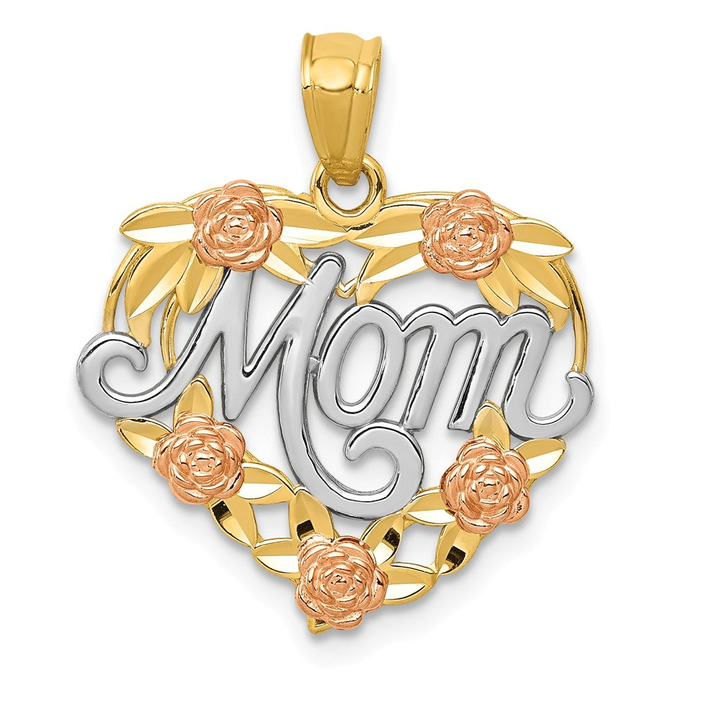 14k Two Tone Gold and White Rhodium Mom Heart with Roses Pendant, 19mm, Item P26069 by The Black Bow Jewelry Co.
