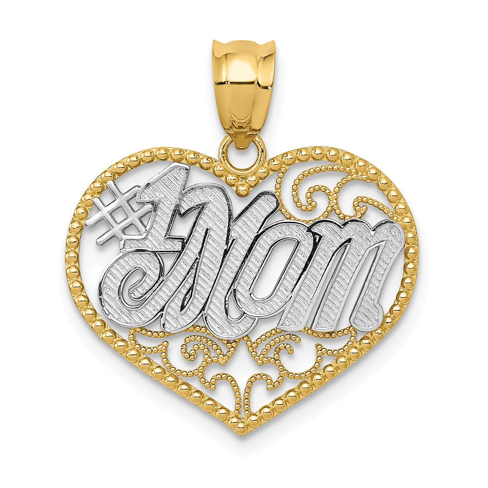14k Yellow Gold and White Rhodium Filigree #1 Mom Heart Pendant, 20mm, Item P26072 by The Black Bow Jewelry Co.