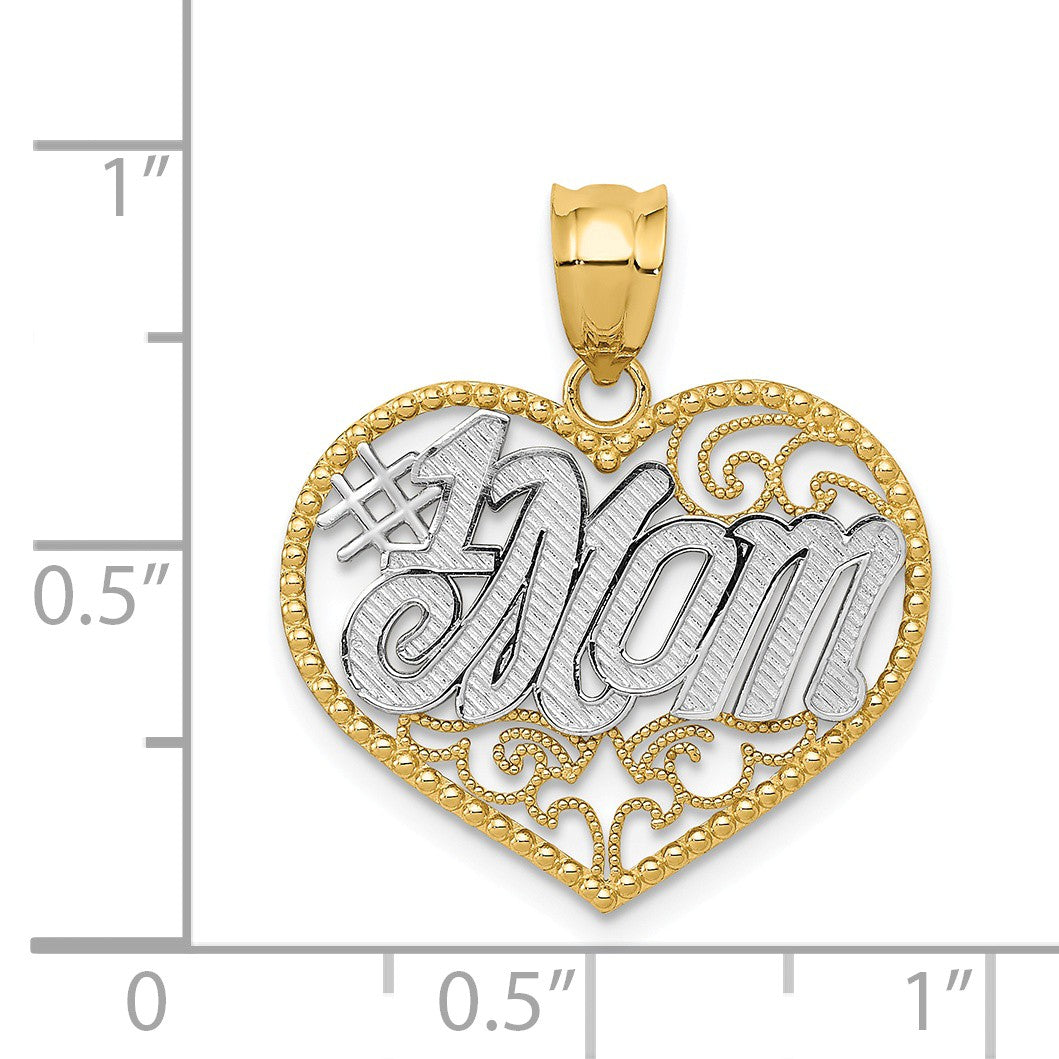 Alternate view of the 14k Yellow Gold and White Rhodium Filigree #1 Mom Heart Pendant, 20mm by The Black Bow Jewelry Co.
