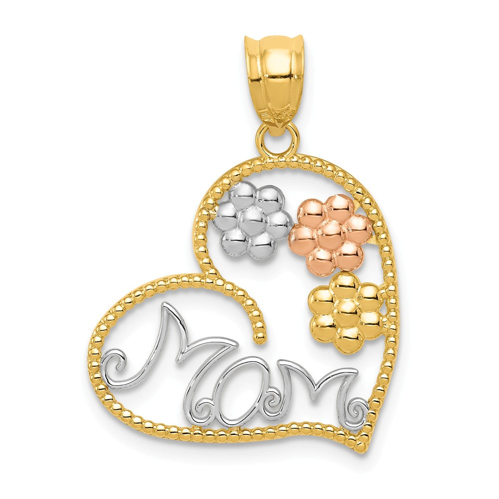14k Tri Color Gold MOM and Flowers Pendant, 20mm, Item P26073 by The Black Bow Jewelry Co.