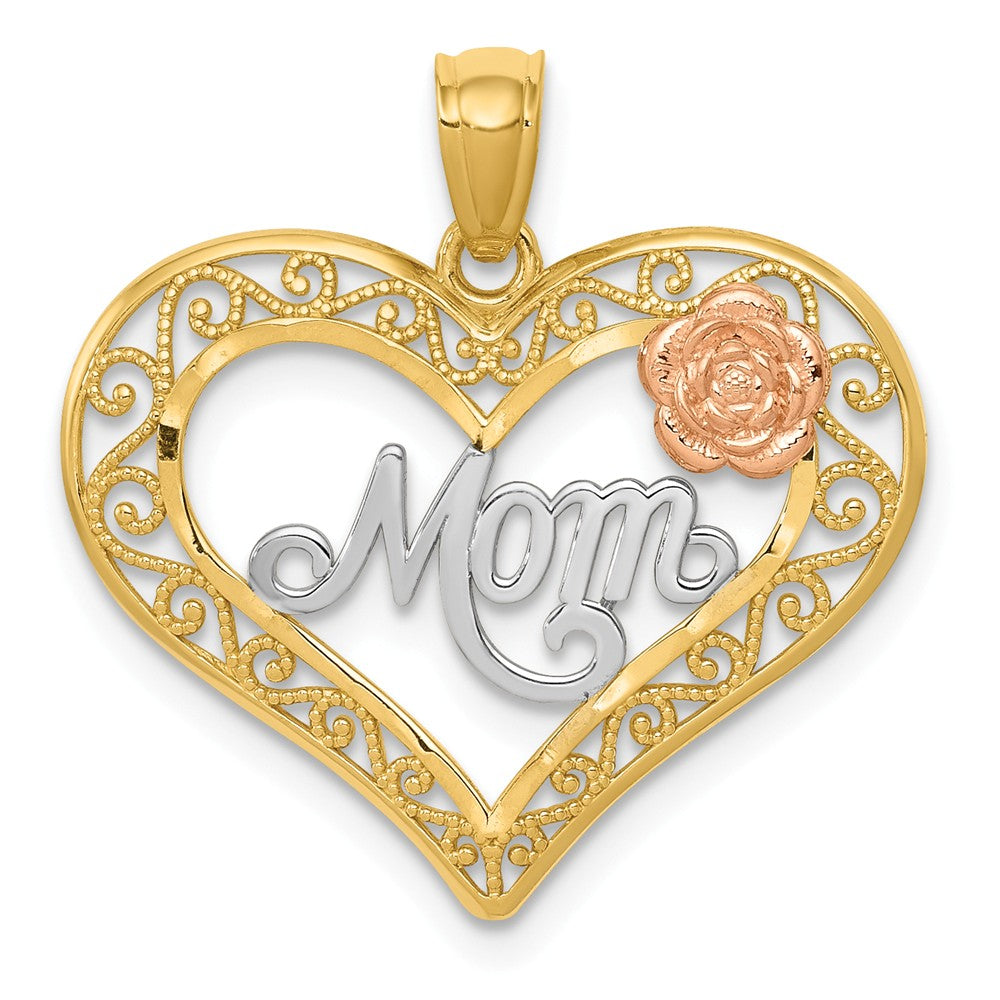 14k Two Tone Gold and White Rhodium Mom Heart with Rose Pendant, 22mm, Item P26085 by The Black Bow Jewelry Co.