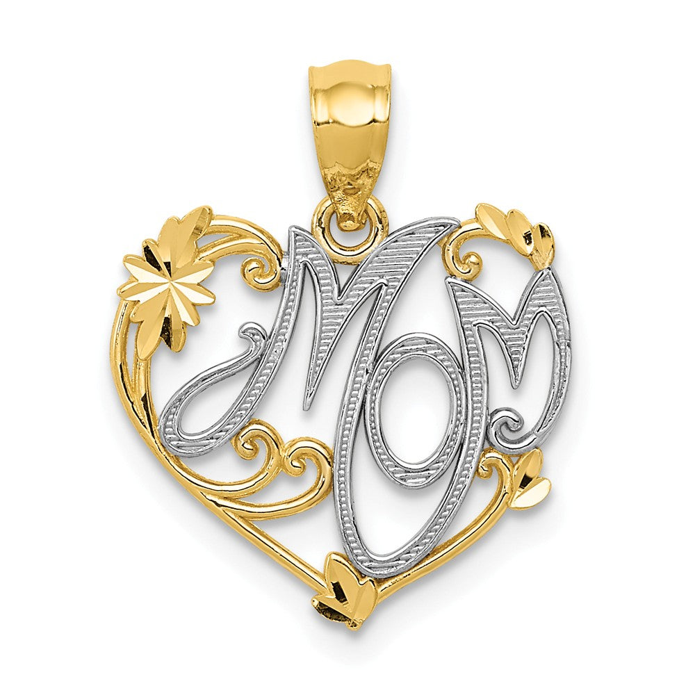 14k Yellow Gold and White Rhodium Mom Floral Heart Pendant, 15mm, Item P26091 by The Black Bow Jewelry Co.