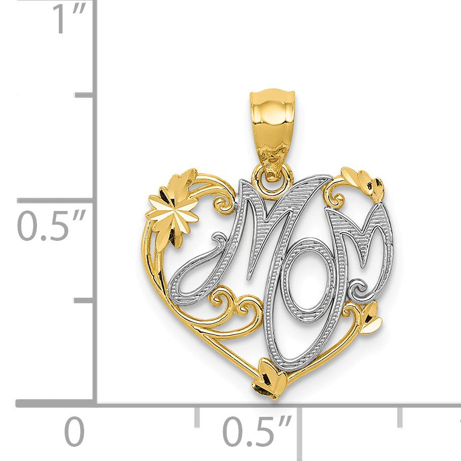 Alternate view of the 14k Yellow Gold and White Rhodium Mom Floral Heart Pendant, 15mm by The Black Bow Jewelry Co.