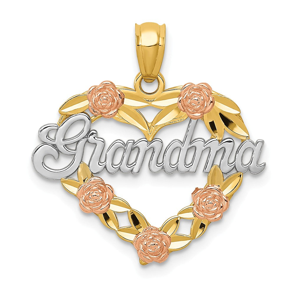 14k Two Tone Gold and Rhodium Grandma Heart and Roses Pendant, 21mm
