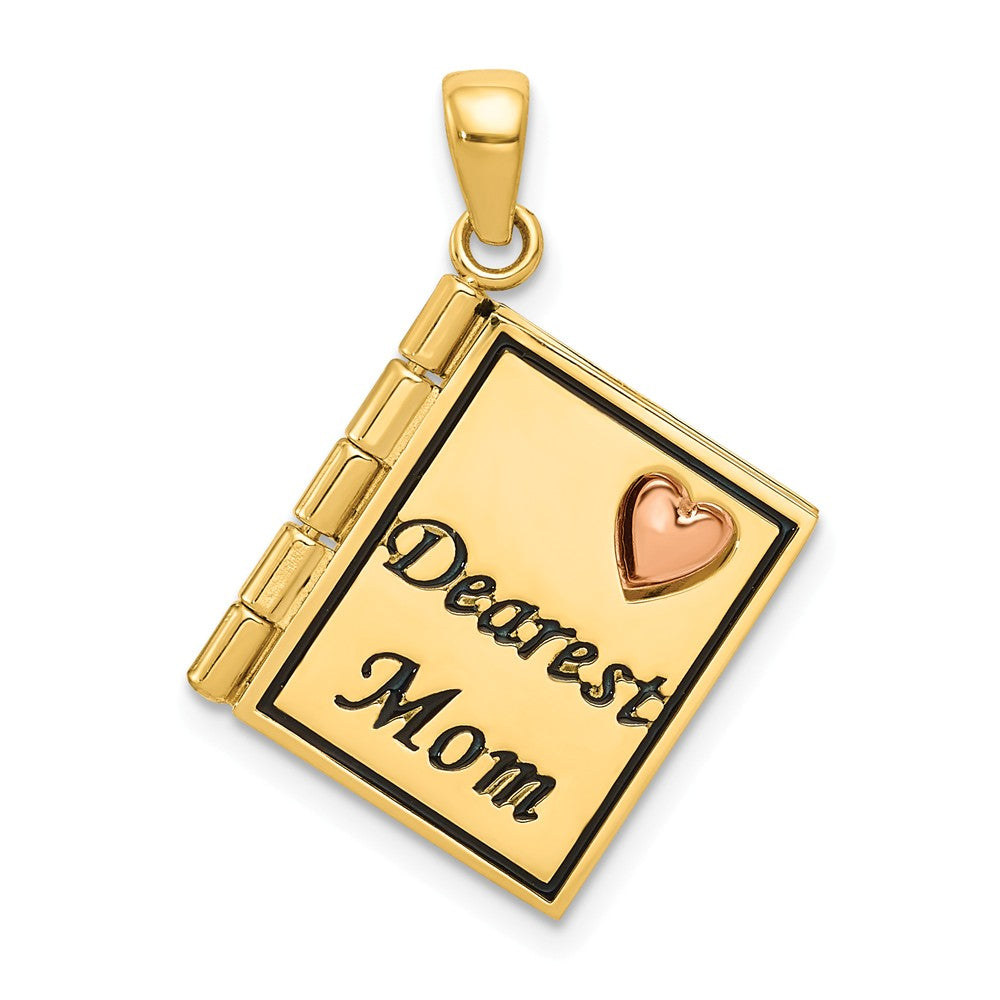 14k Yellow Gold and Rose Gold Dearest Mom Book Pendant, 20mm, Item P26114 by The Black Bow Jewelry Co.