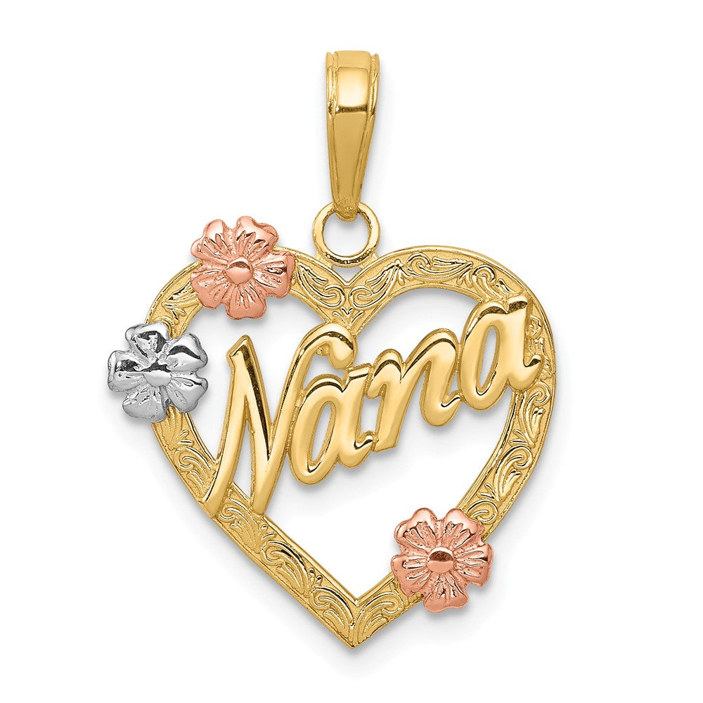 14k Tri Color Gold Floral Nana Heart Pendant, 17mm, Item P26143 by The Black Bow Jewelry Co.