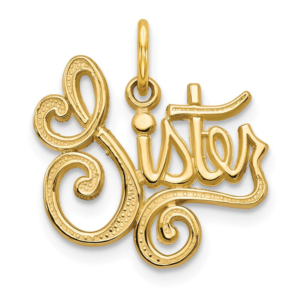 14k Yellow Gold Cursive Sister Charm or Pendant, 16mm, Item P26191 by The Black Bow Jewelry Co.