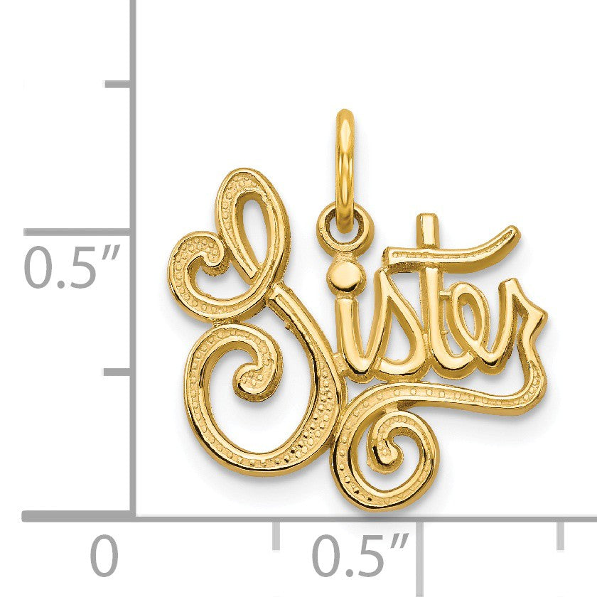 Alternate view of the 14k Yellow Gold Cursive Sister Charm or Pendant, 16mm by The Black Bow Jewelry Co.