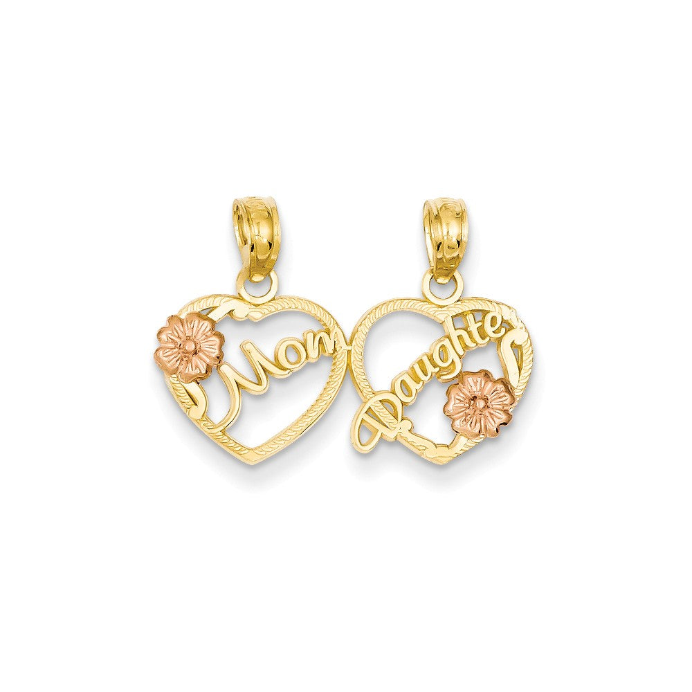 14k Two Tone Gold Mom, Daughter Set of 2 Heart Pendant, 12mm, Item P26219 by The Black Bow Jewelry Co.