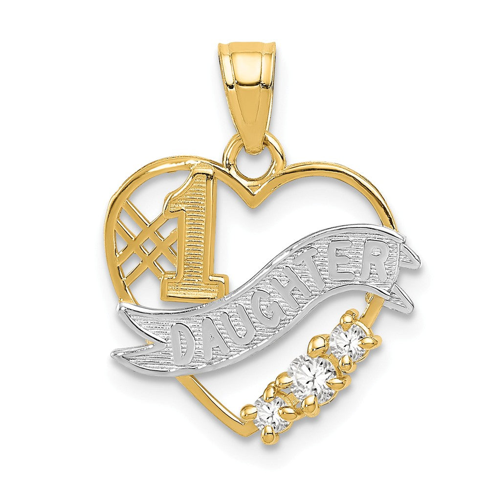 14k Yellow Gold, White Rhodium &amp; CZ #1 Daughter Heart Pendant, 16mm, Item P26224 by The Black Bow Jewelry Co.