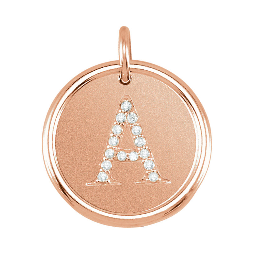 14k Rose Gold and Diamond Initial A-Z Disc Pendant, 17mm (5/8 inch), Item P26360 by The Black Bow Jewelry Co.
