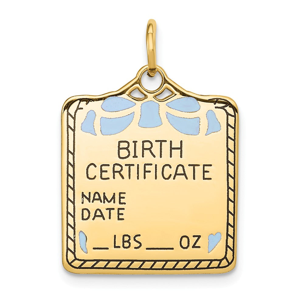 14k Yellow Gold & Blue Enamel Birth Certificate Charm or Pendant, Item P26361 by The Black Bow Jewelry Co.