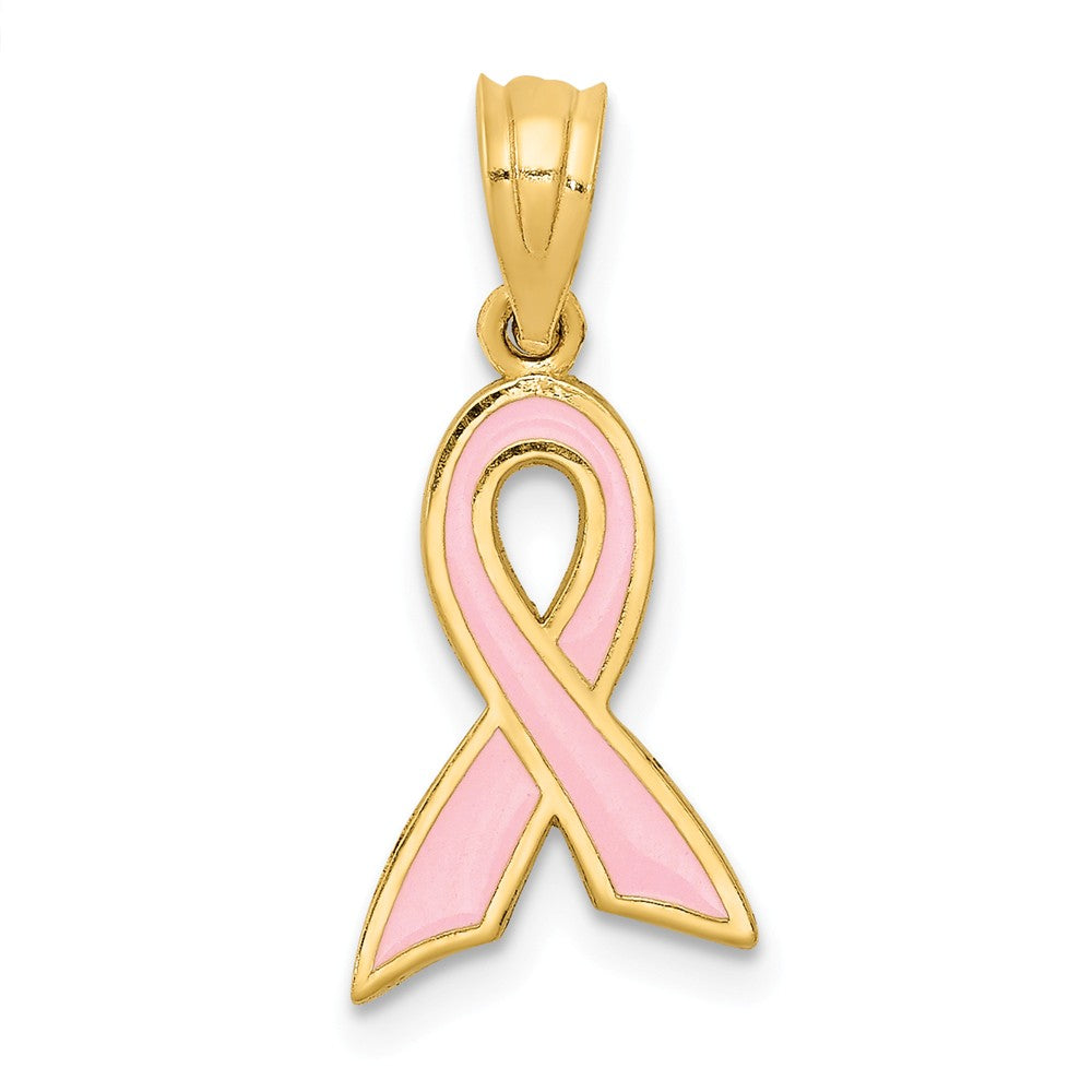 14k Yellow Gold &amp; Pink Enamel Awareness Ribbon Pendant, 9 x 20mm, Item P26367-20 by The Black Bow Jewelry Co.
