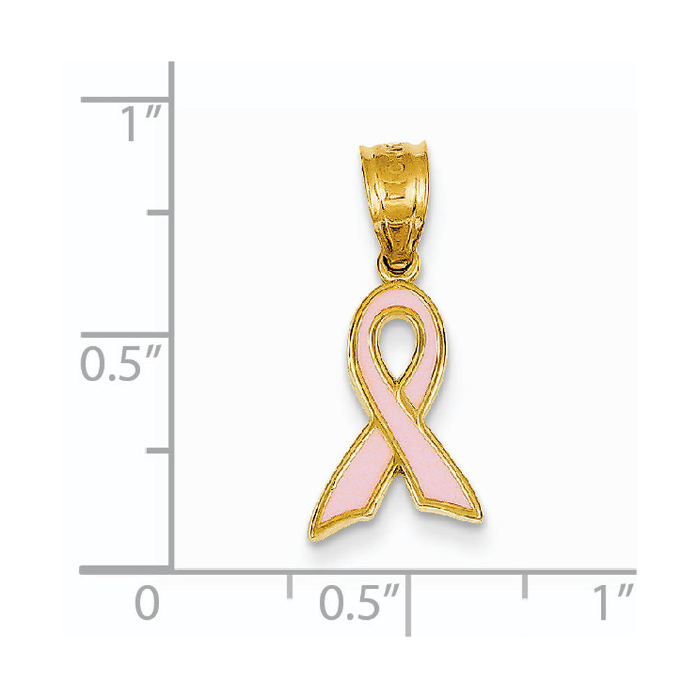 Alternate view of the 14k Yellow Gold &amp; Pink Enamel Awareness Ribbon Pendant, 9 x 20mm by The Black Bow Jewelry Co.