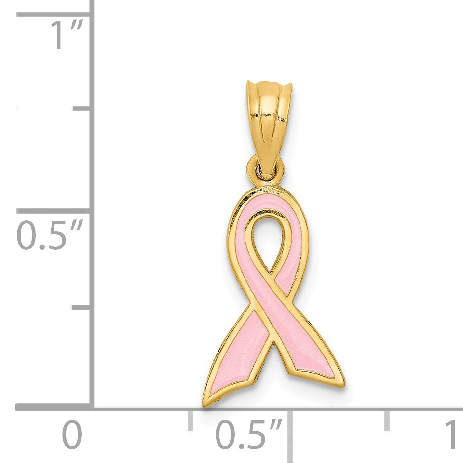 Alternate view of the 14k Yellow Gold &amp; Pink Enamel Awareness Ribbon Pendant, 9 x 20mm by The Black Bow Jewelry Co.