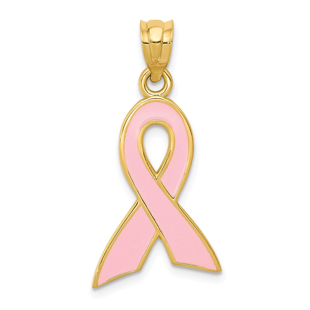 14k Yellow Gold &amp; Pink Enamel Awareness Ribbon Pendant, 15 x 29mm, Item P26367-29 by The Black Bow Jewelry Co.