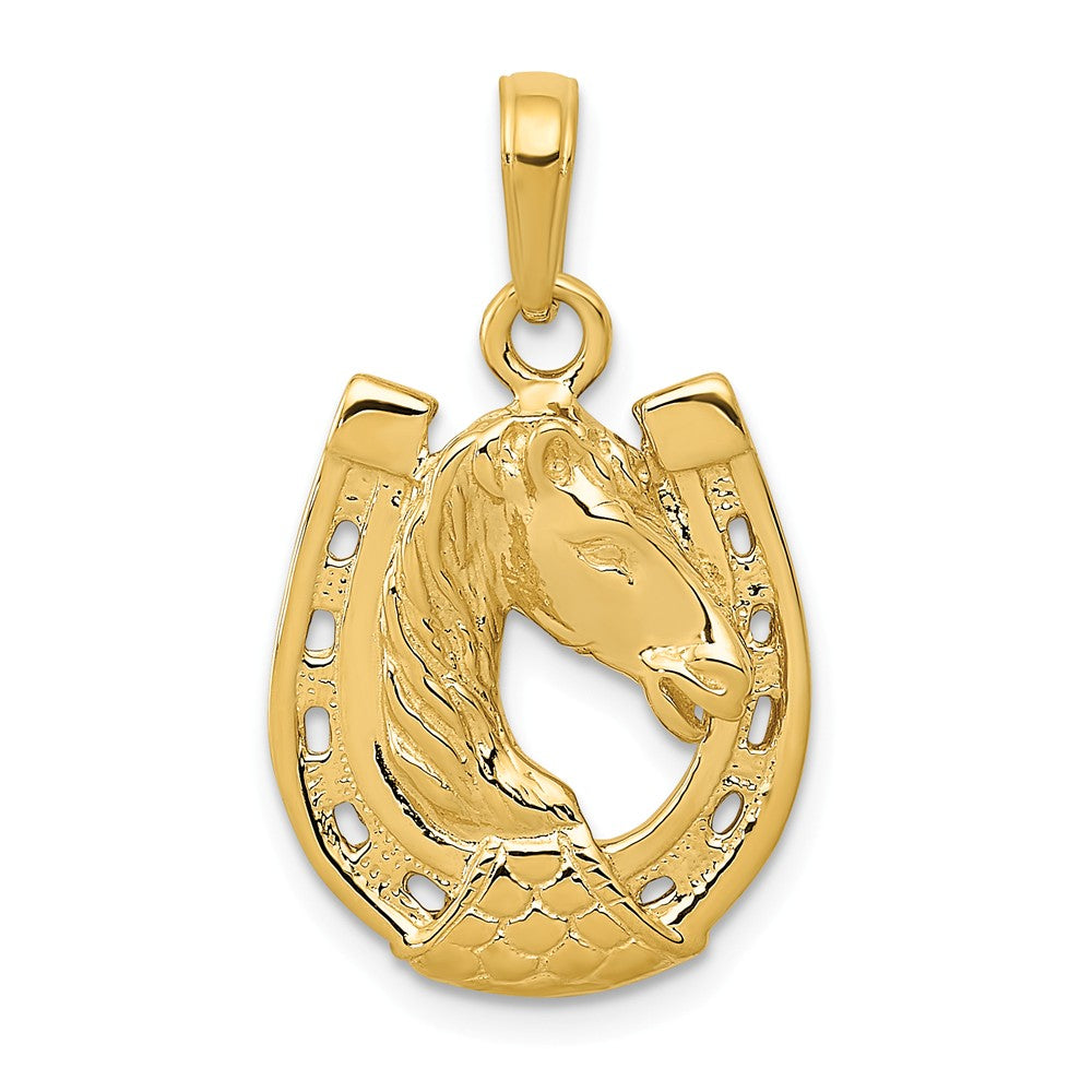 Alternate view of the 14k White or Yellow Gold Horse Head and Horseshoe Pendant, 15mm by The Black Bow Jewelry Co.