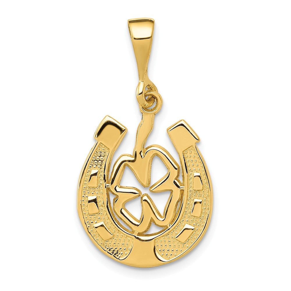 Alternate view of the 14k Yellow or White Gold Four Leaf Clover and Horseshoe Pendant, 15mm by The Black Bow Jewelry Co.